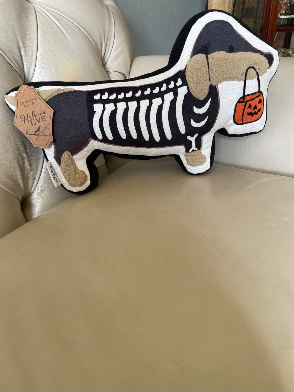 Halloween Dachshund Skeleton Decorative Pillow - Black, White & Orange - Picture 2 of 9